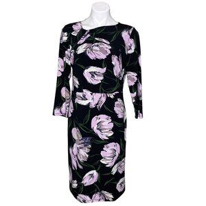 Ann Taylor Factory Floral Print Black & Lilac Dress 3/4 Sleeves Size 10